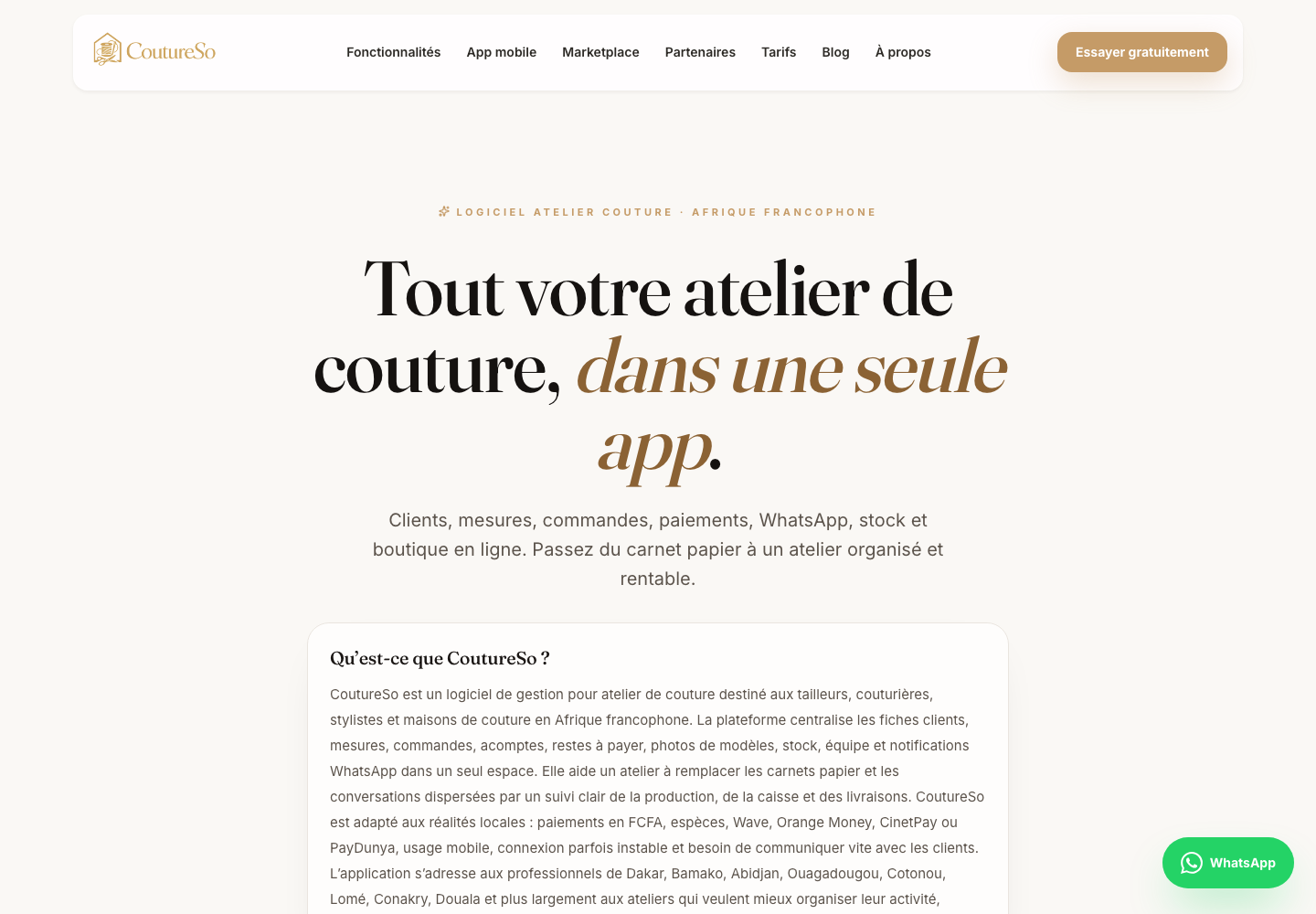 Page d’accueil publique de CoutureSo sur ordinateur.