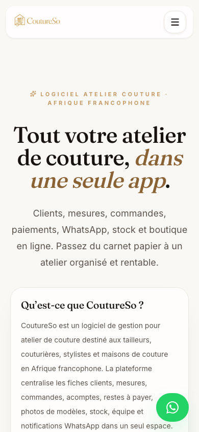 Page d’accueil publique de CoutureSo affichée sur mobile.