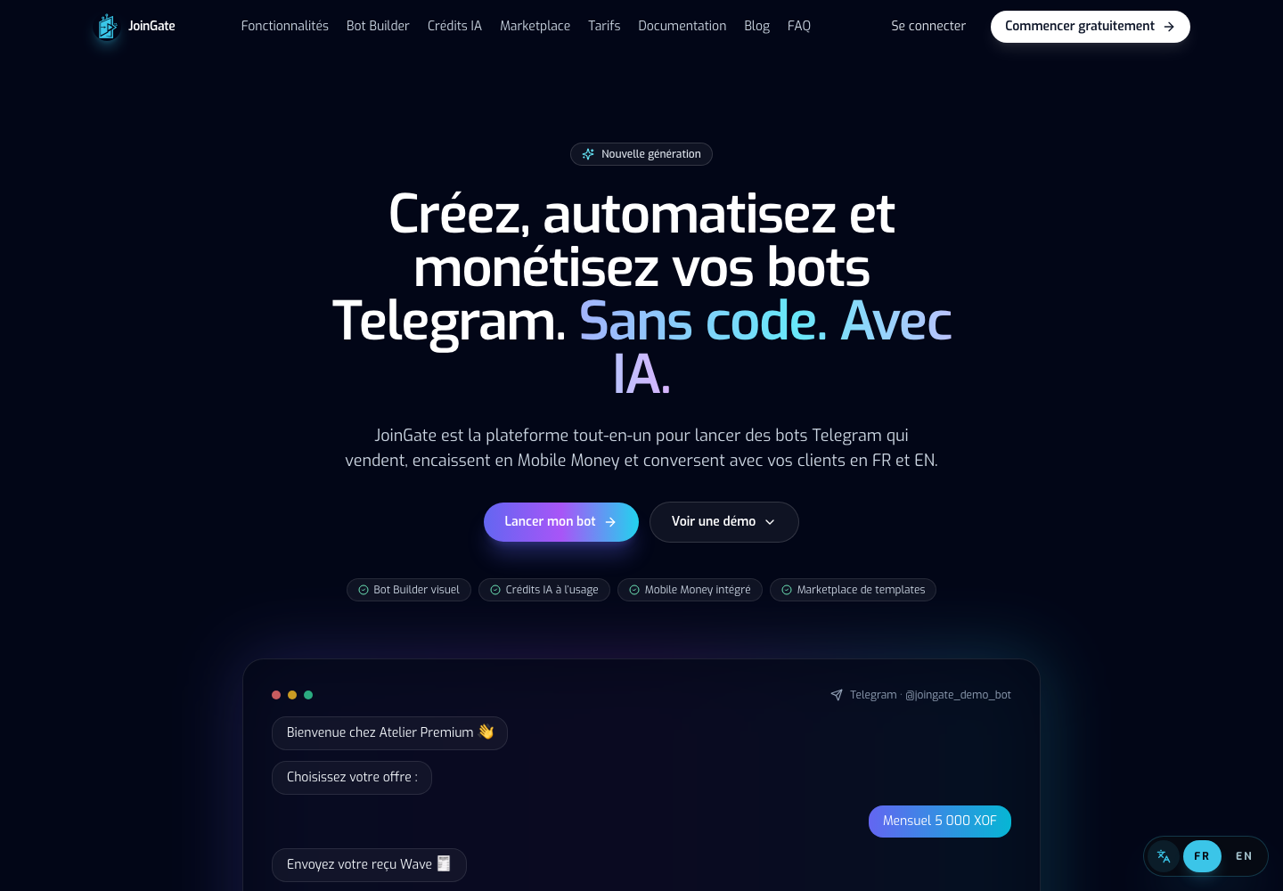 Page d’accueil publique de JoinGate en français sur ordinateur.