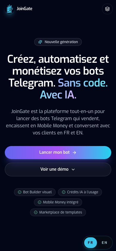 Page d’accueil publique de JoinGate en français affichée sur mobile.