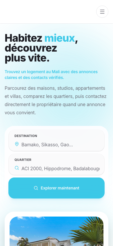 Page d’accueil publique de MaliLocation affichée sur mobile.