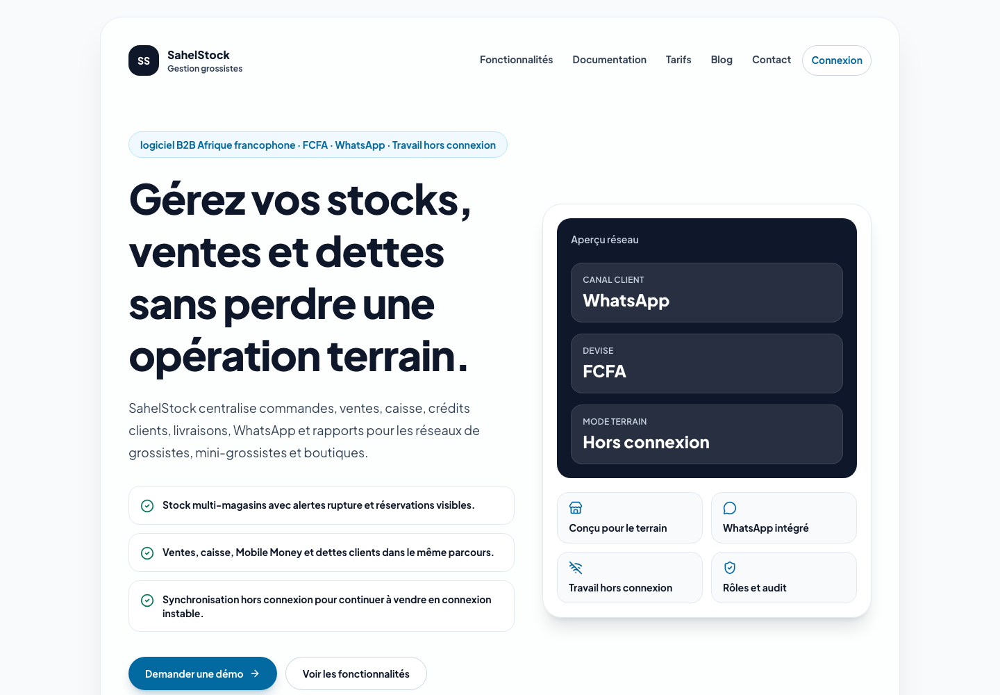 Page d’accueil publique de SahelStock sur ordinateur.