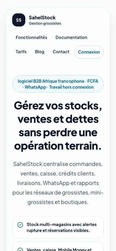 Page d’accueil publique de SahelStock affichée sur mobile.